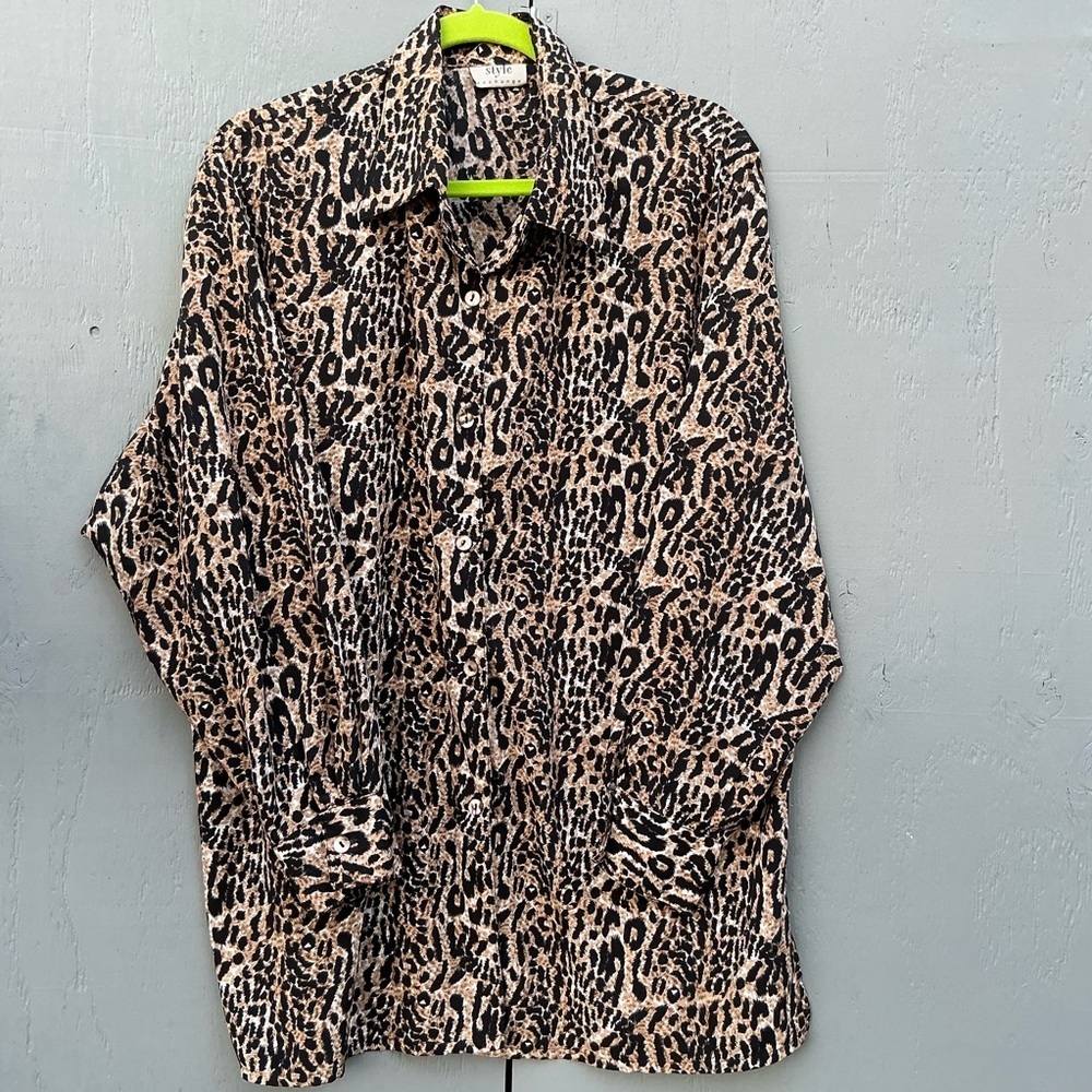Style Exchange Vintage Satin Animal Leopard Cheetah Print Tunic Blouse Womens 80